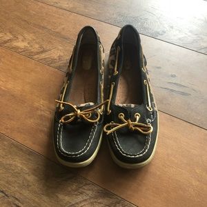 Sperry navy blue and cheetah print shoes. Size 8